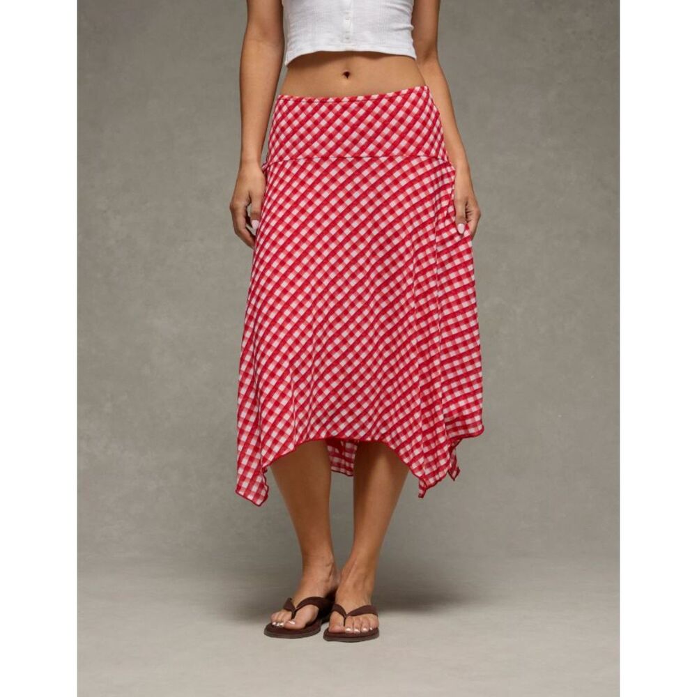 NEW American Eagle womens skirt L AE Mid-Rise Gingham Midi red white plaid check